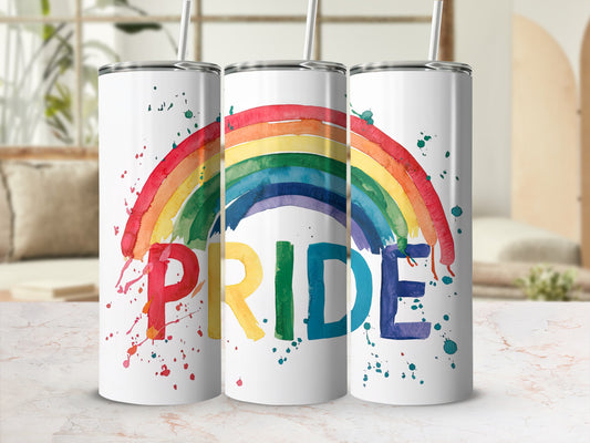 Three tumblers featuring a watercolor rainbow and the word "Pride".