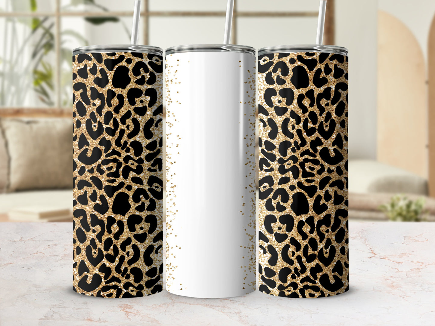 Leopard print tumbler with white space and gold glitter accents.