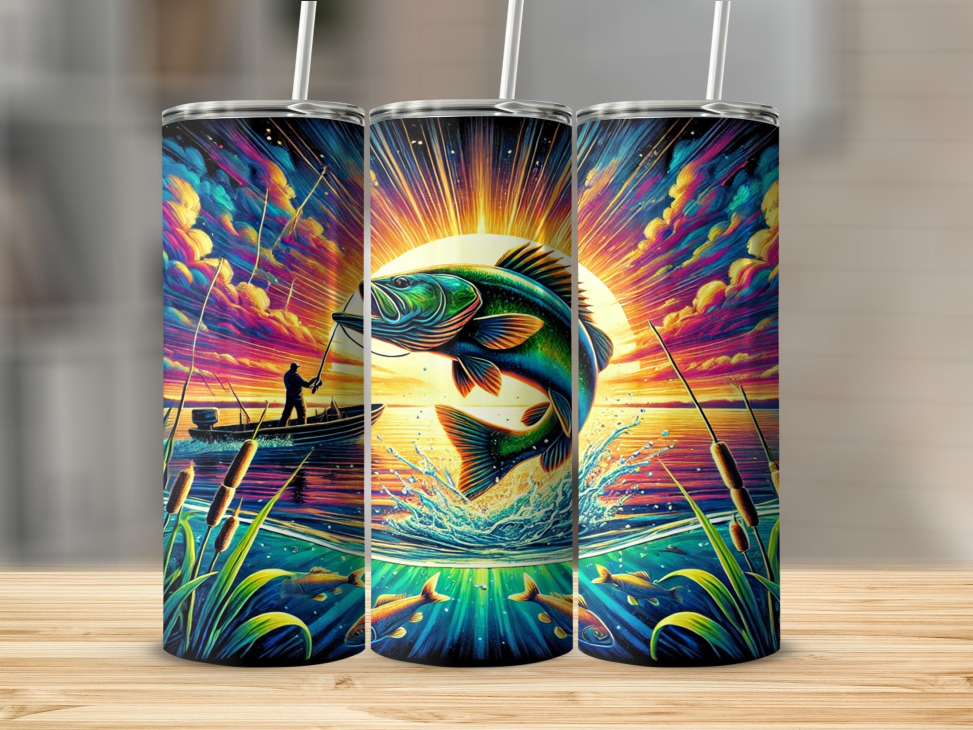 Colorful Fisherman and Fish Scenic Tumbler Product