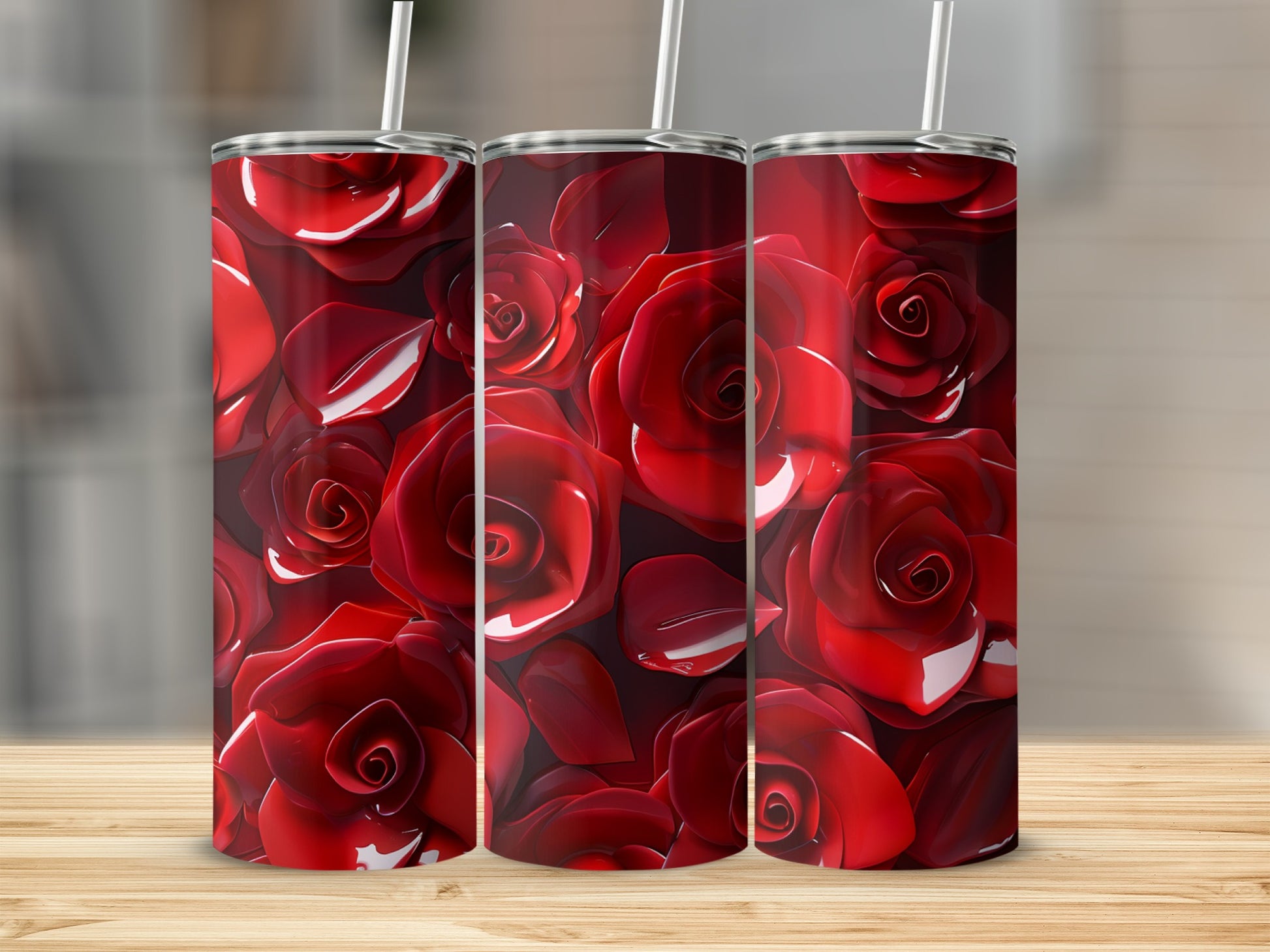 Three tall tumblers with a detailed red rose floral pattern.