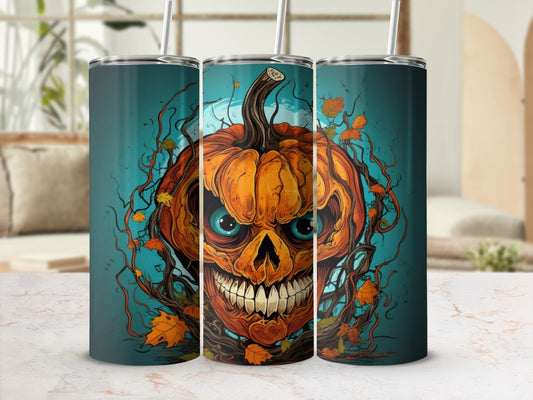 Three tumblers featuring a spooky jack-o'-lantern face with glowing blue eyes and autumn leaves.