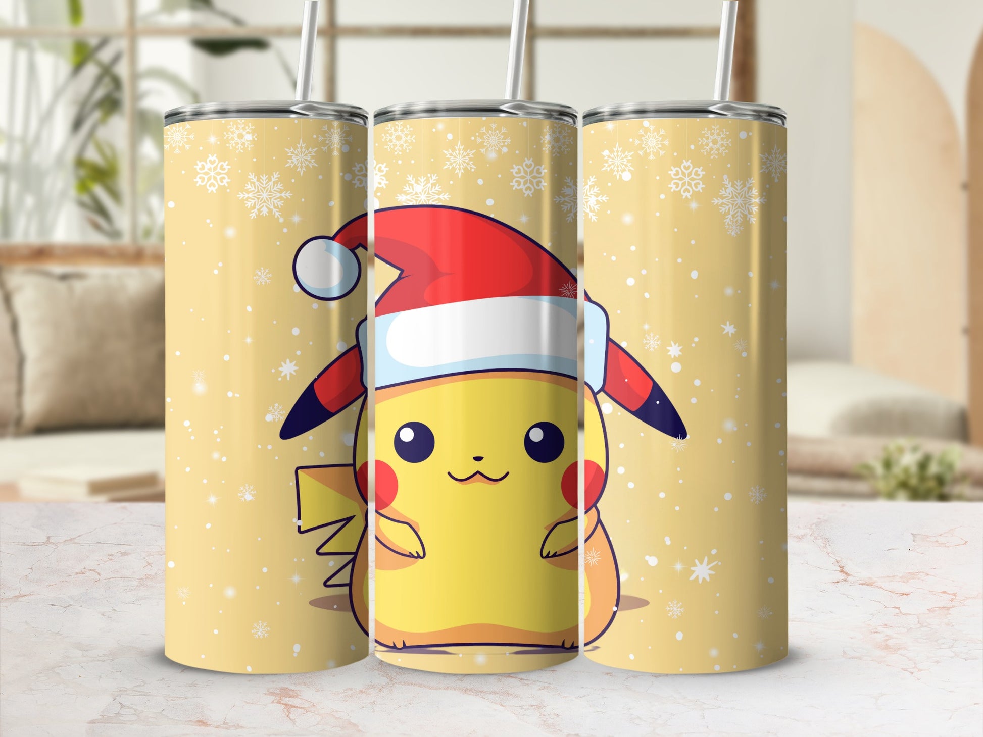 Festive Pikachu with Santa Hat Stainless Tumbler Cups