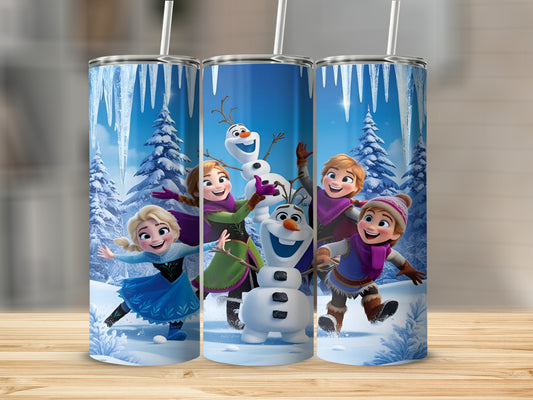 Disney's Frozen characters Olaf, Anna, Kristoff, and Sven on a snowy background.