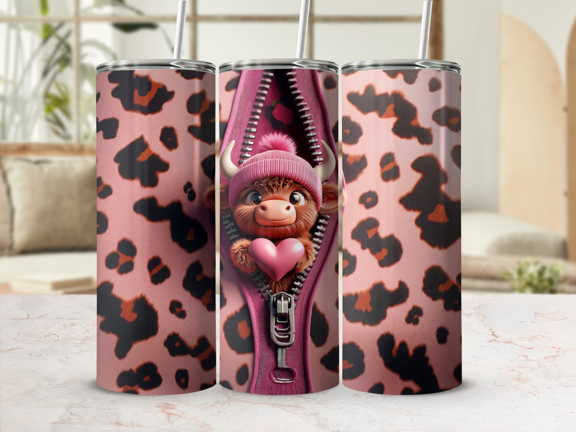 Trio of tumblers with pink leopard print and a zipped-up cow wearing a pink hat and holding a heart.
