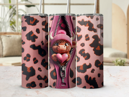 Trio of tumblers with pink leopard print and a zipped-up cow wearing a pink hat and holding a heart.