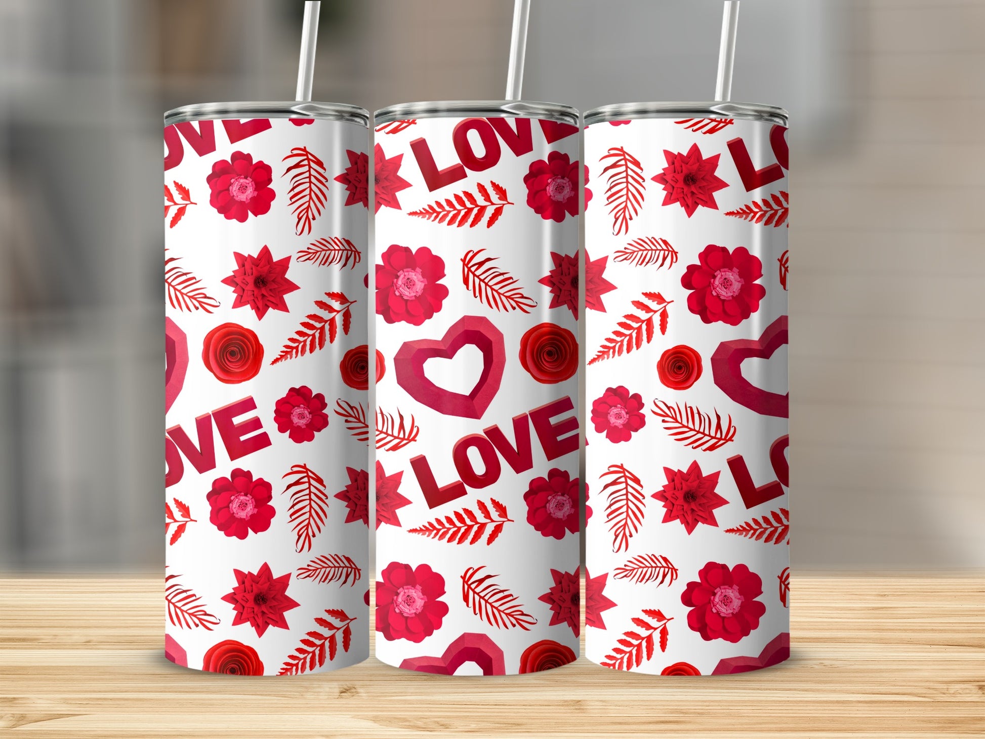 Floral Love-Themed Design on Red and White Tumbler