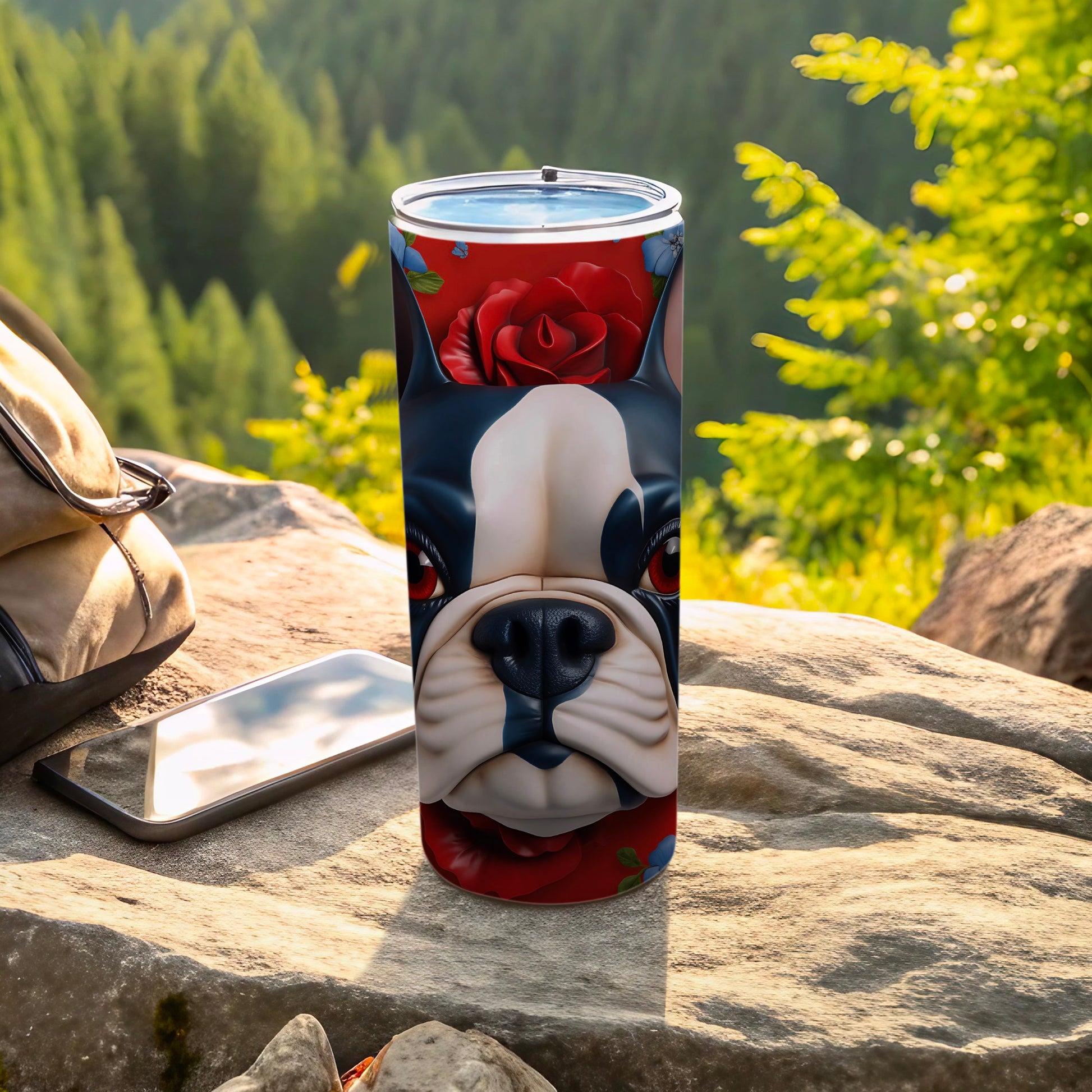 Tumbler with Boston Terrier face and red floral pattern on outdoor rock.