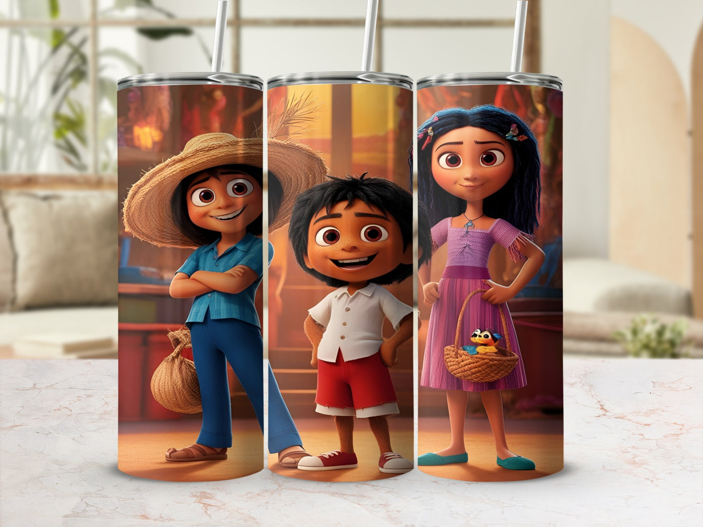 Three animated children in casual clothing stand against a blurred background.