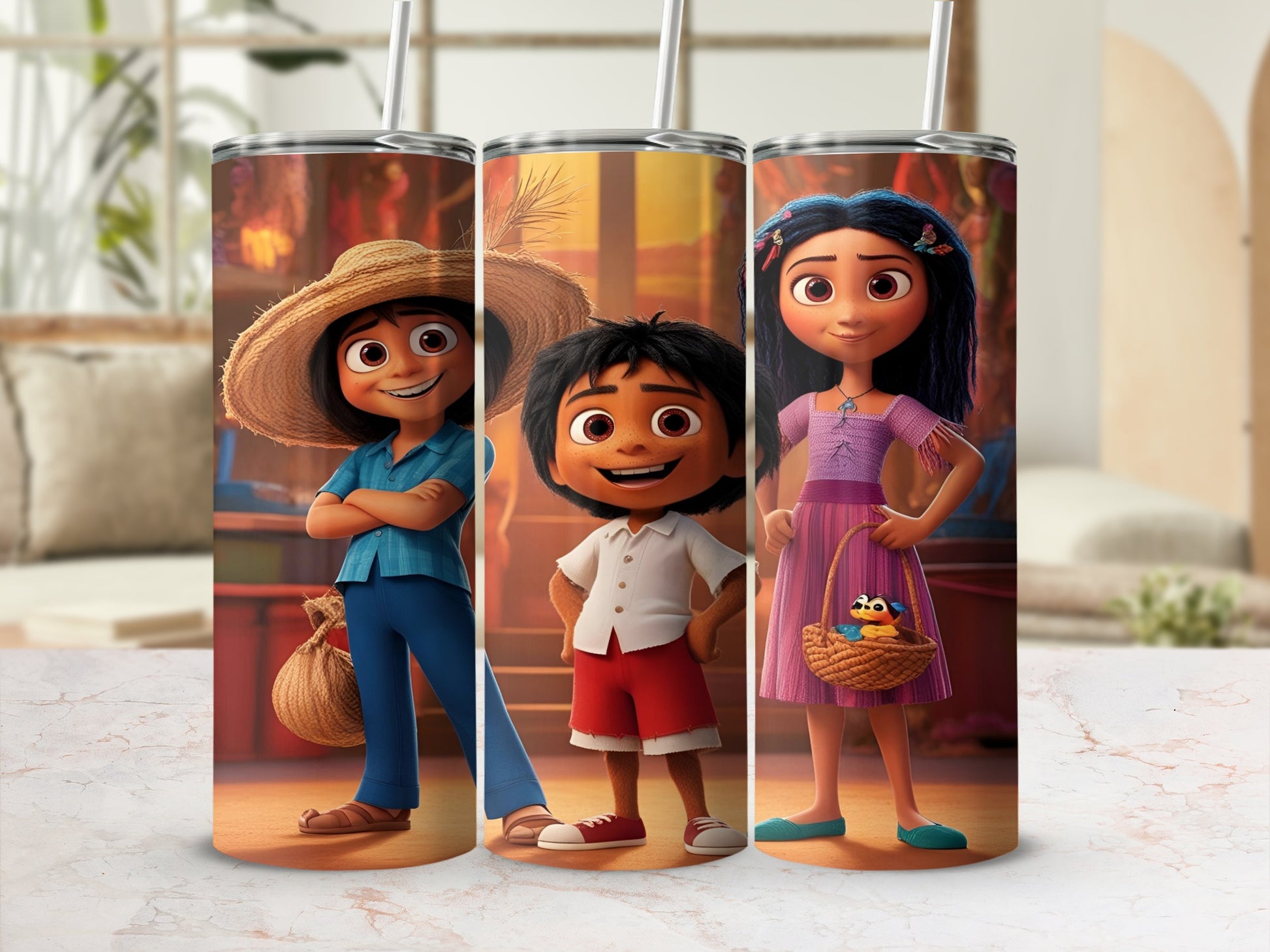 Three animated children in casual clothing stand against a blurred background.