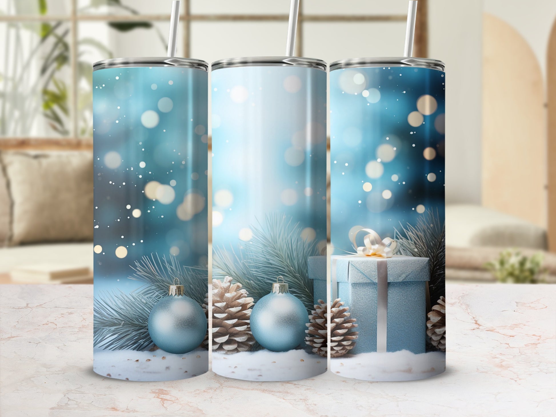 Festive Blue Christmas Holiday Scene Tumbler Cup
