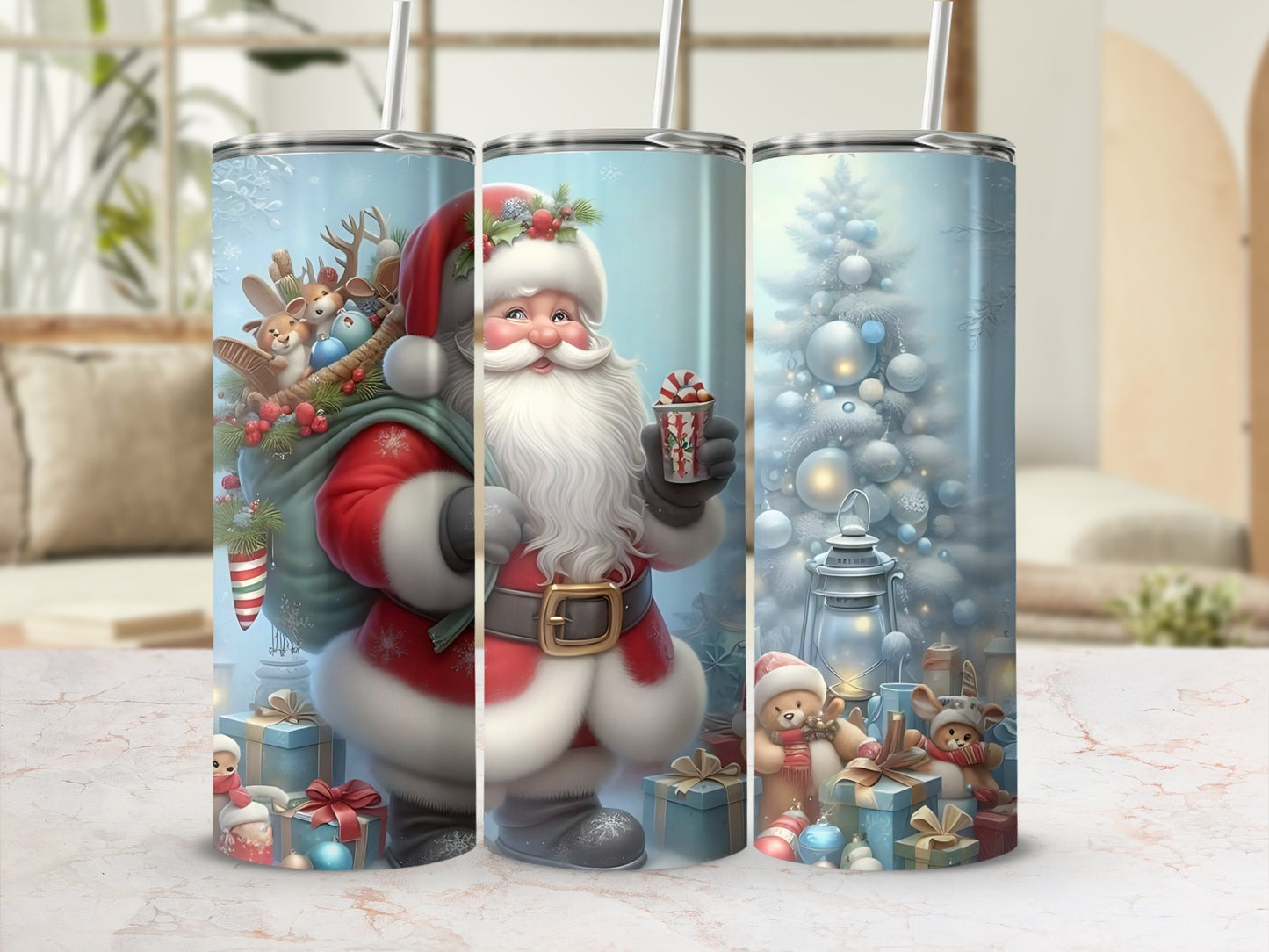 Santa Claus Christmas Scene Tumbler with Gifts and Merry Reindeer