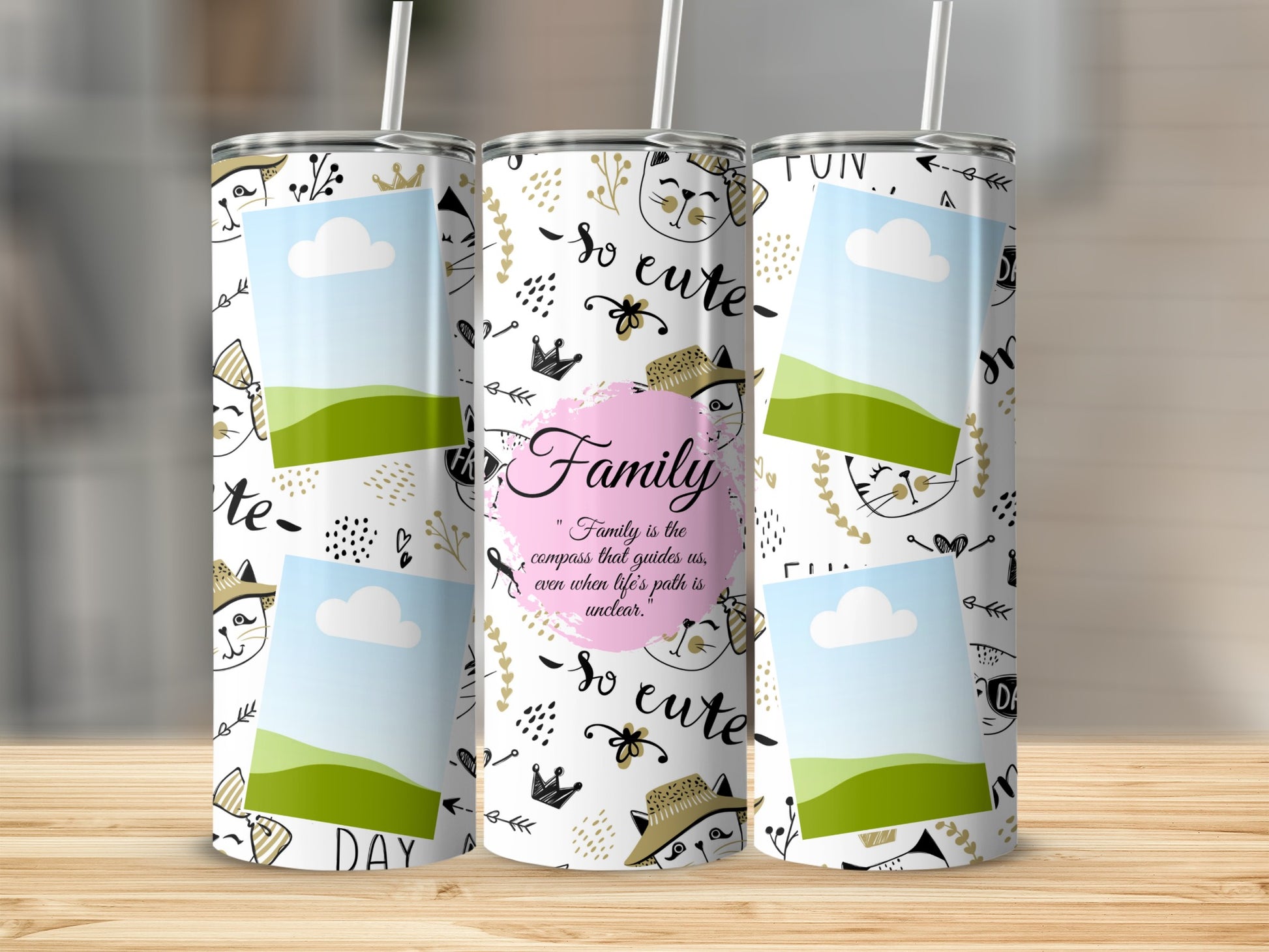 Three tumblers with cats, hearts, crowns, and "Family" quote on white background.