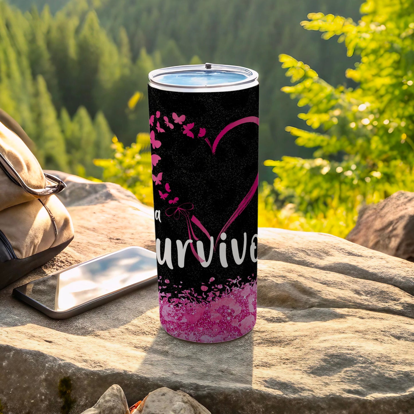 Black tumbler with pink heart, butterflies, and "I Survive" text.