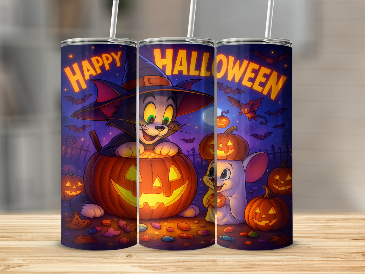 Tom and Jerry Halloween tumblers with pumpkins and candy, featuring "Happy Halloween" text.