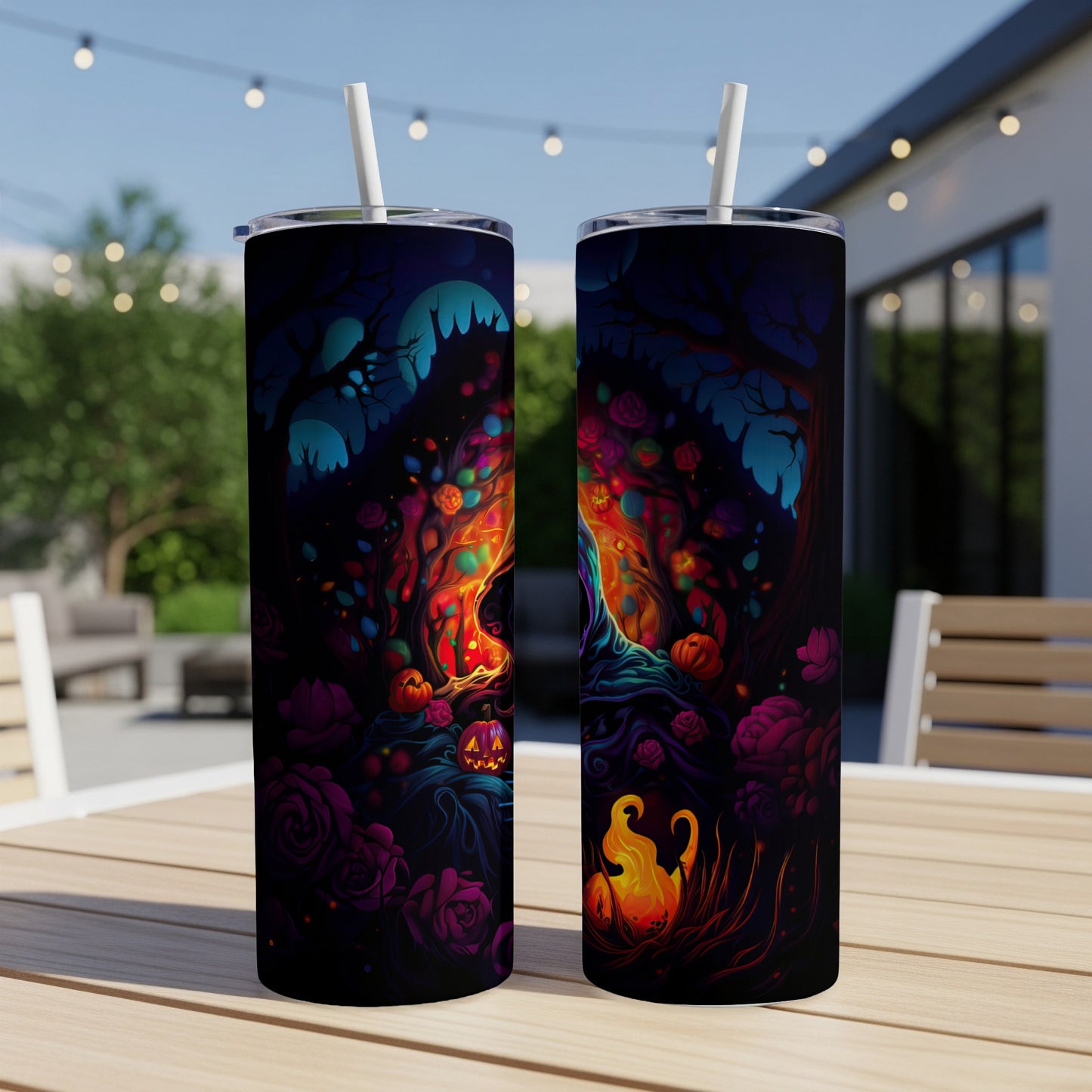 Two tumblers with a dark Halloween forest design, featuring pumpkins and roses.