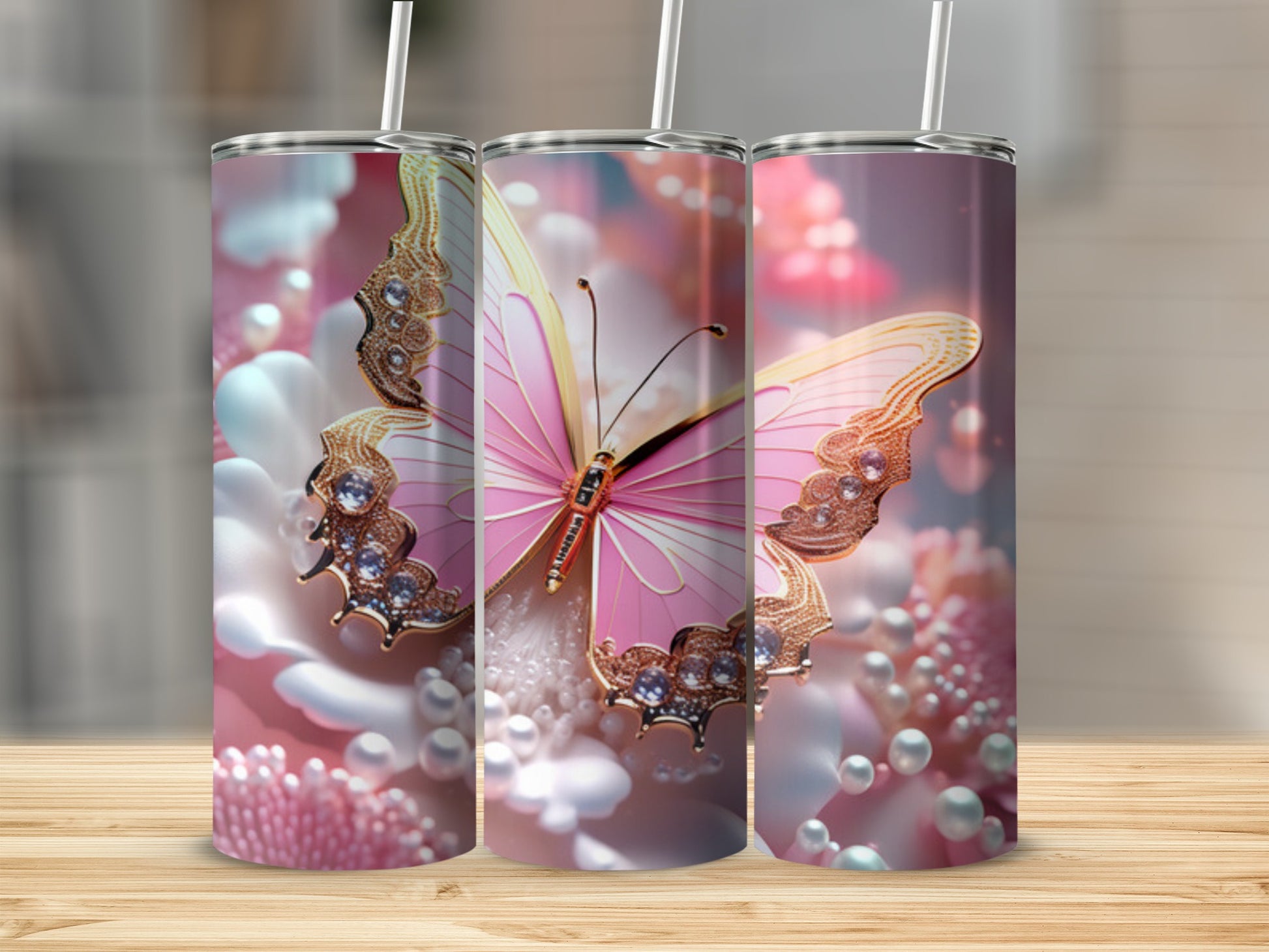 Pink butterfly with jewel accents on a pink floral background.