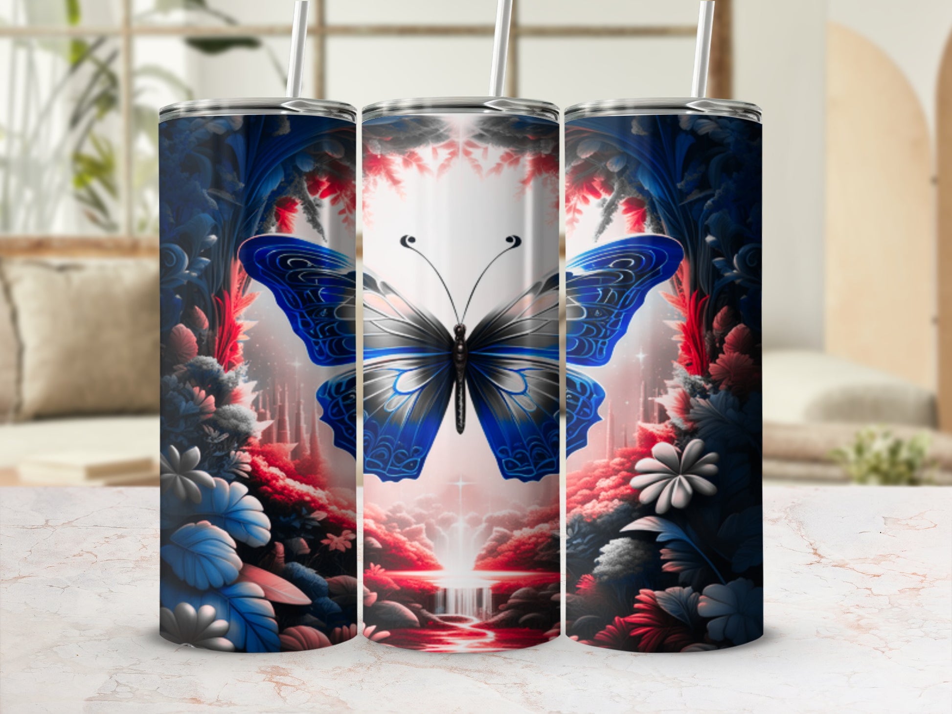 Blue butterfly with red and blue floral border on a white tumbler.