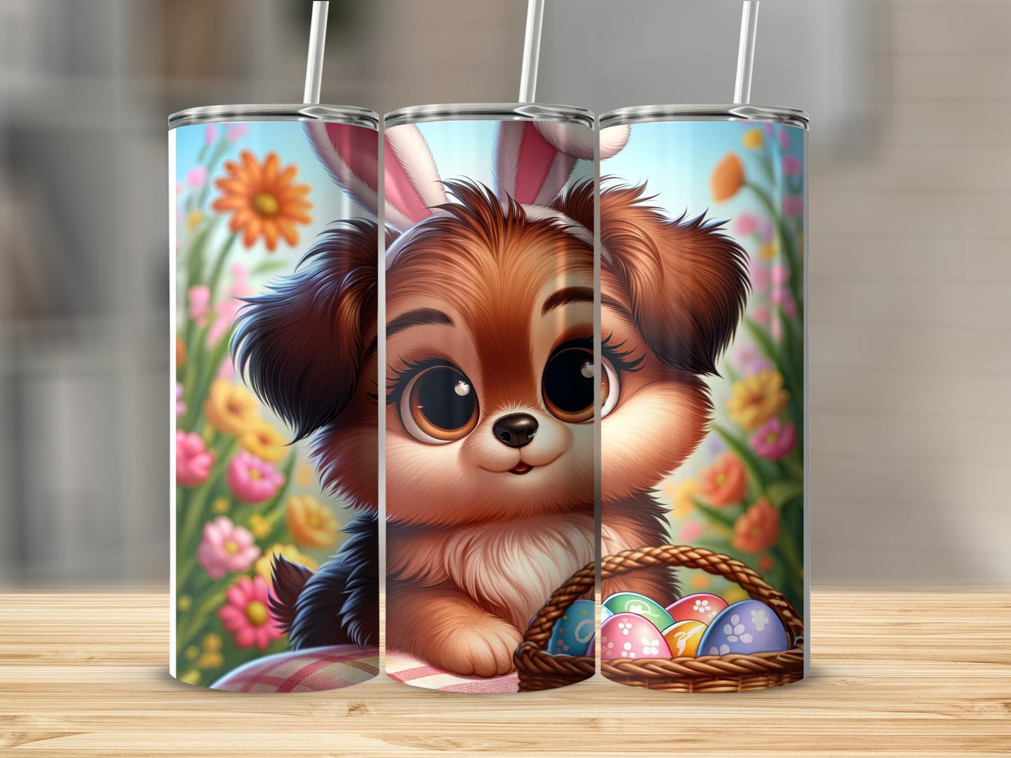 Puppy with Easter bunny ears and basket of colorful eggs.