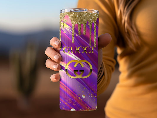 Stylish Purple and Gold Travel Mug with Gucci Design