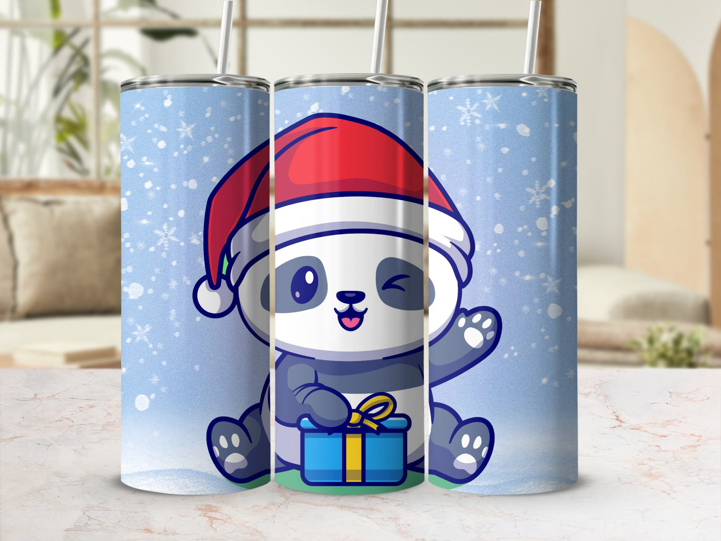 Cute Santa Panda with Gift Blue Snowflakes Tumbler
