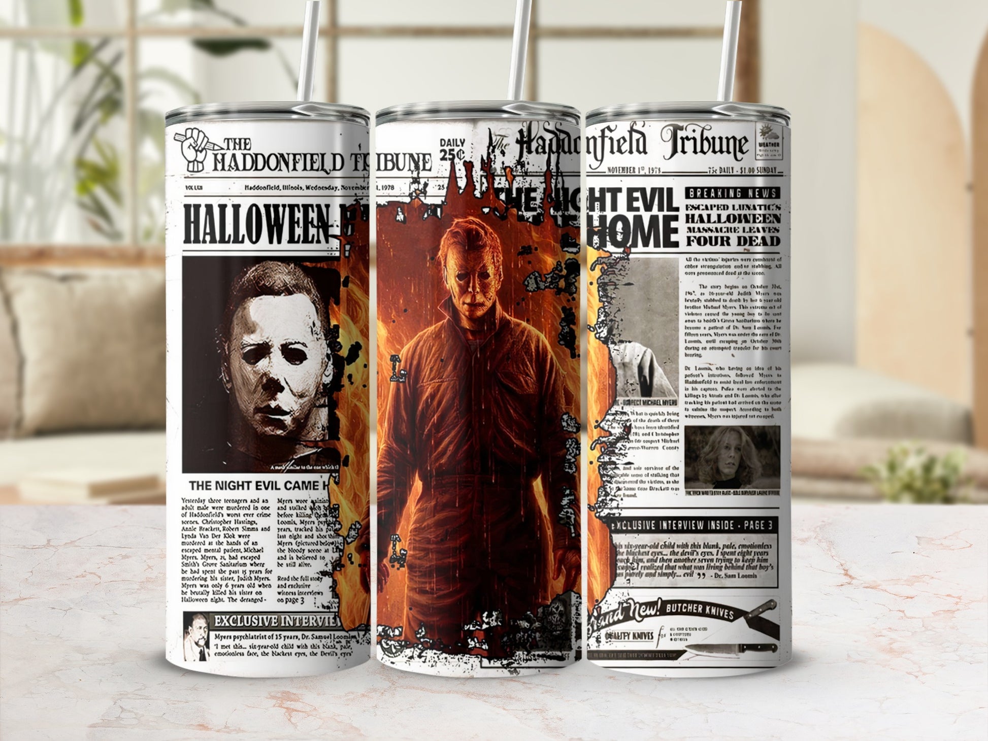 Halloween-themed tumbler with Michael Myers and newspaper headlines.