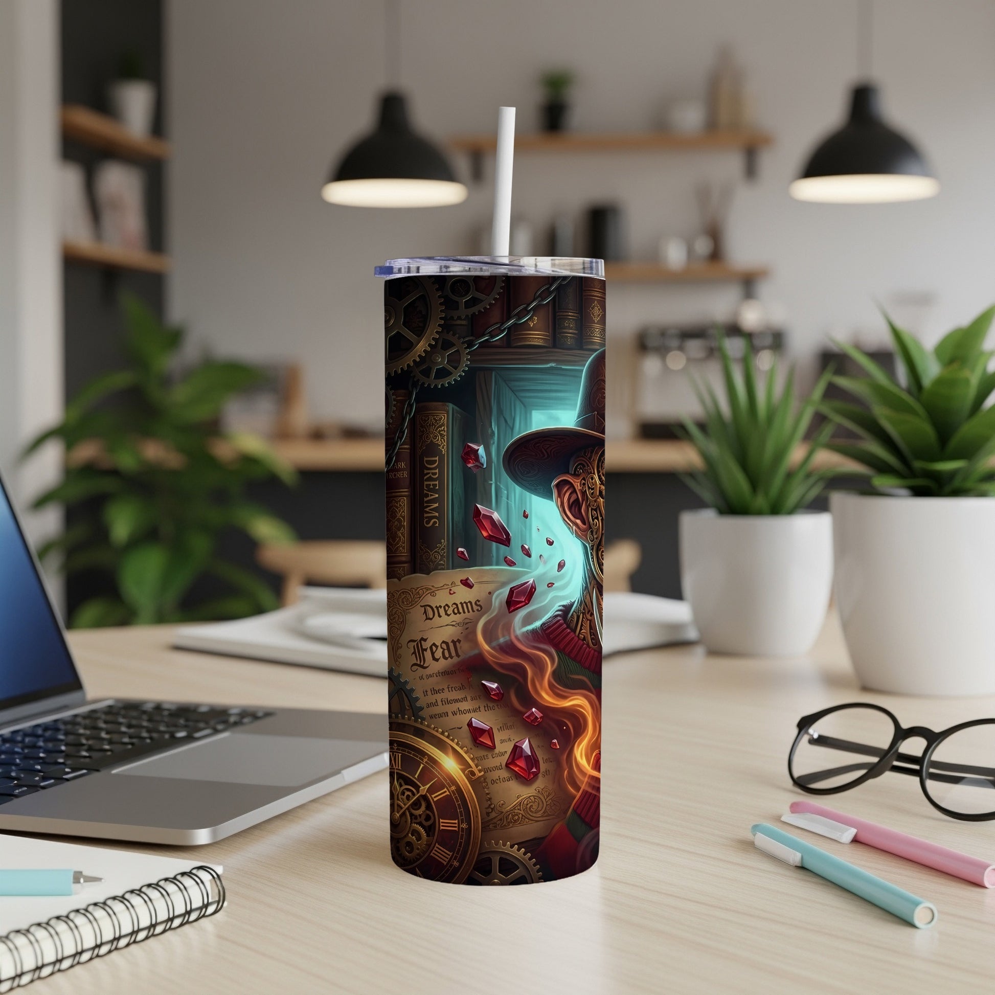 Tall tumbler with steampunk art featuring a character, gears, and red gems.