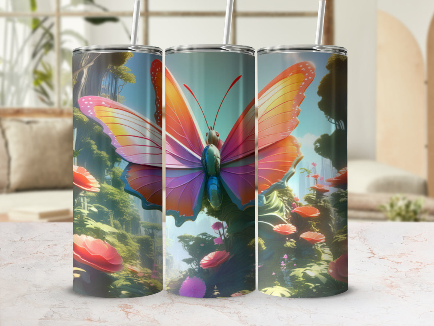 Tumbler with colorful butterfly and floral background design.