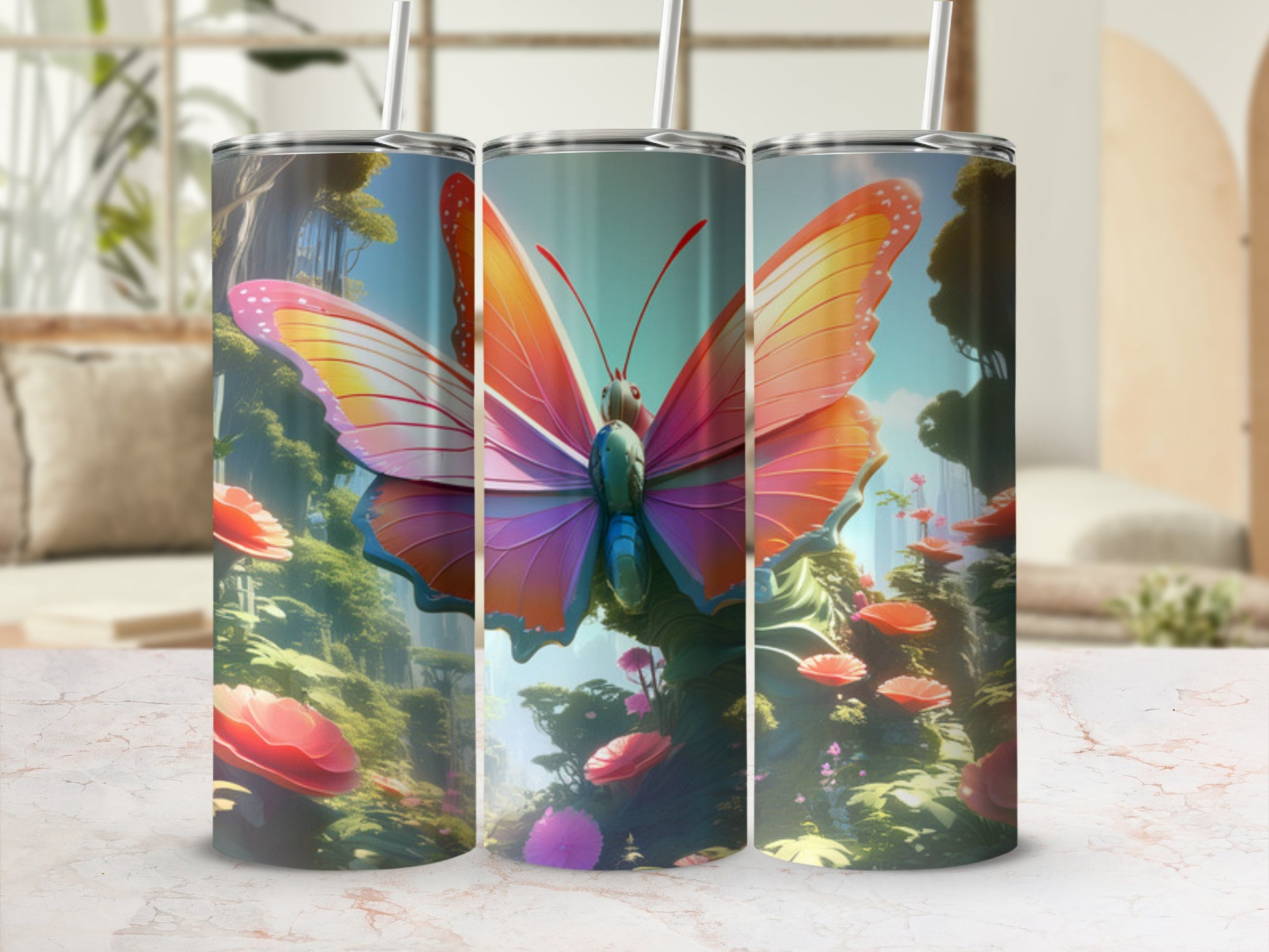 Tumbler with colorful butterfly and floral background design.