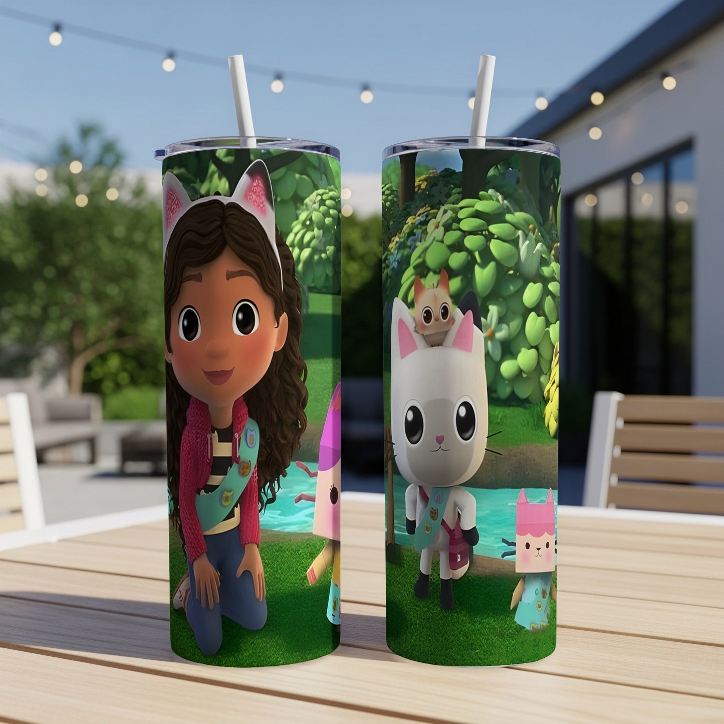 Two Gabby's Dollhouse tumblers featuring characters and cartoon designs.