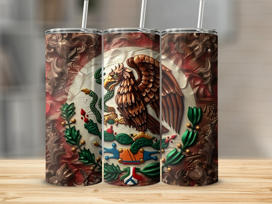Triptych of tumblers featuring the Mexican flag's eagle crest design.