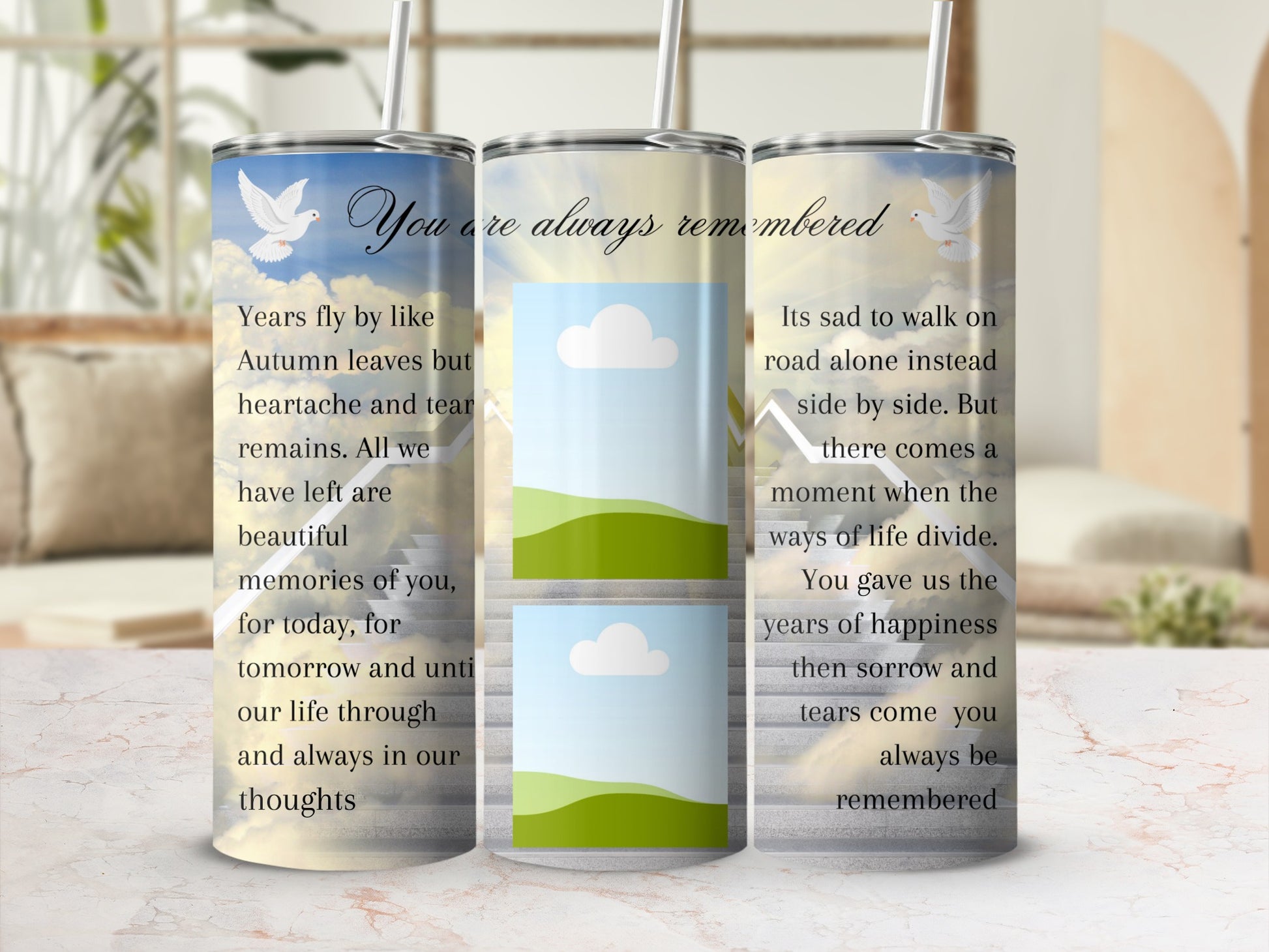 Tumbler with doves and text "You are always remembered" and poems.