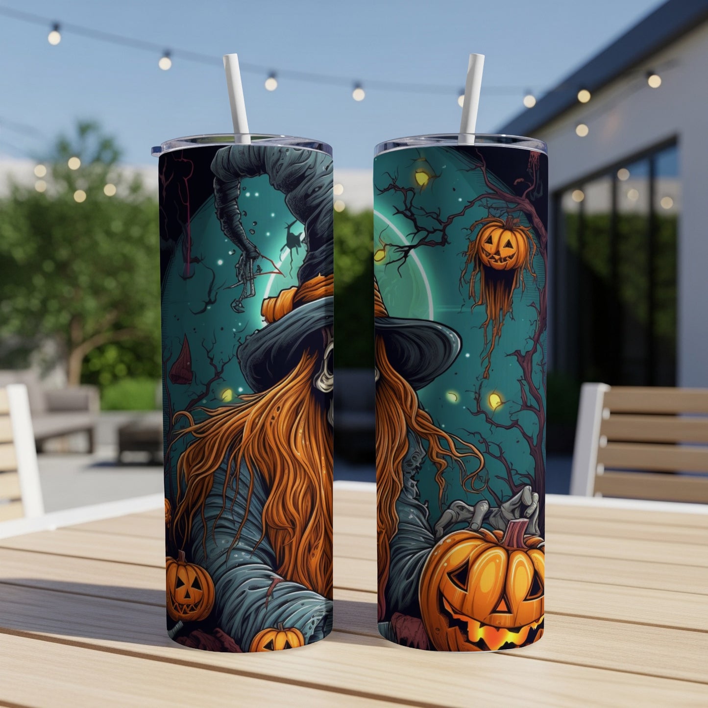 Two tumblers with a witch and pumpkins on a spooky Halloween background.