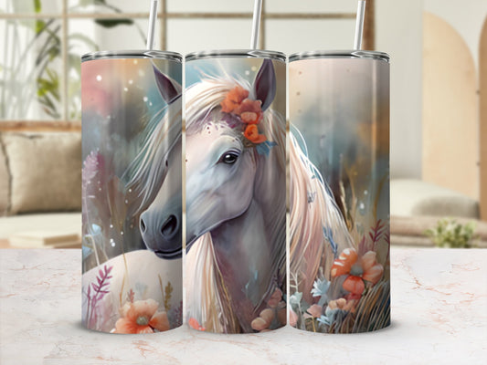 Watercolor horse with floral wreath on a tumbler wrap.