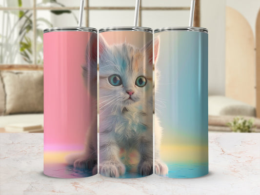 Three tumblers with a fluffy kitten illustration on each.