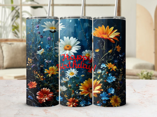 Floral tumbler with "Happy Birthday" text on dark blue background.