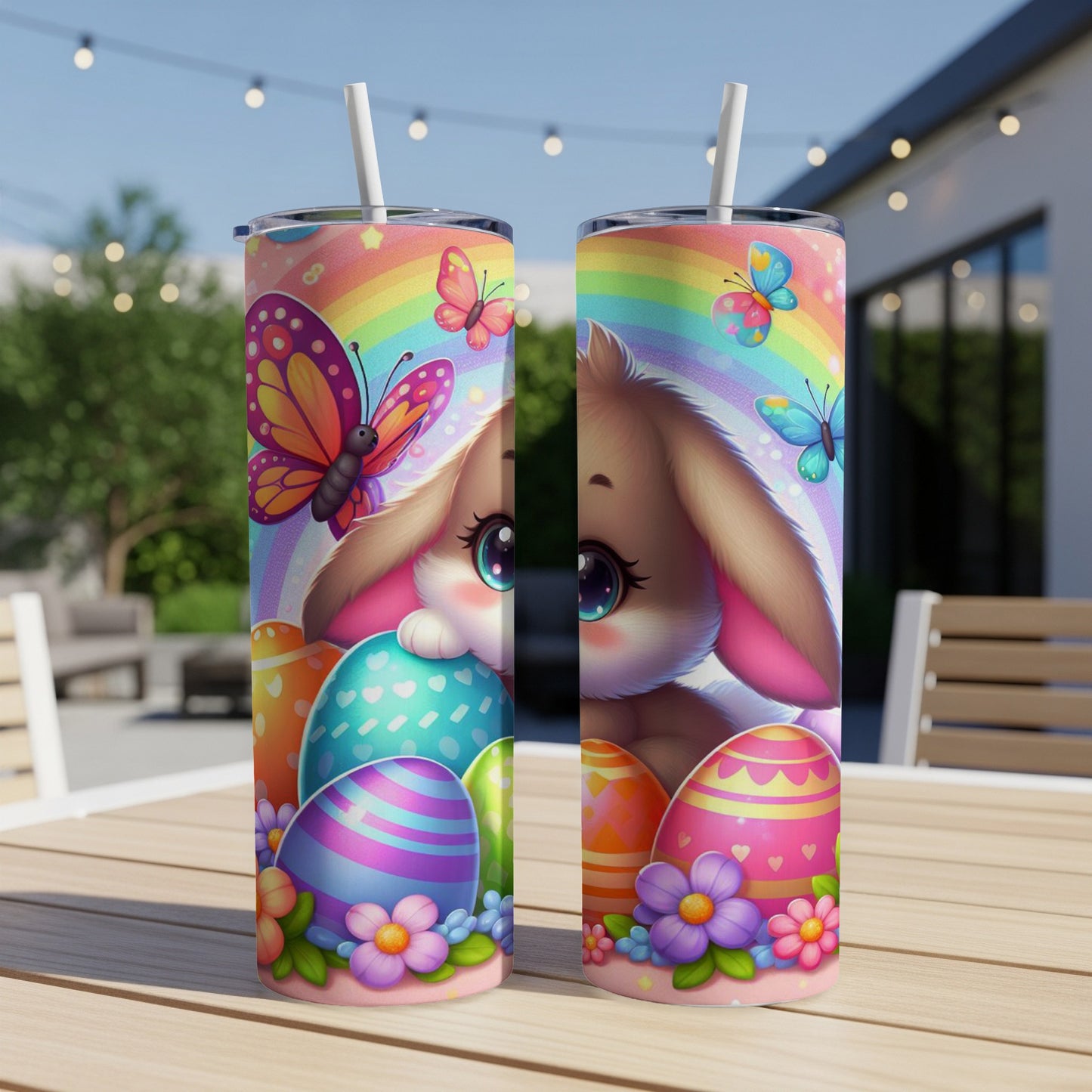 Easter bunny with colorful eggs and butterflies on a patterned tumbler.