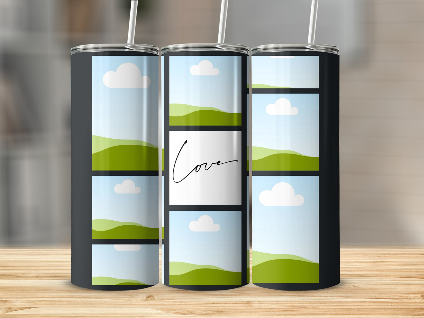 Three tumblers with a photo collage design of rolling green hills and clouds.