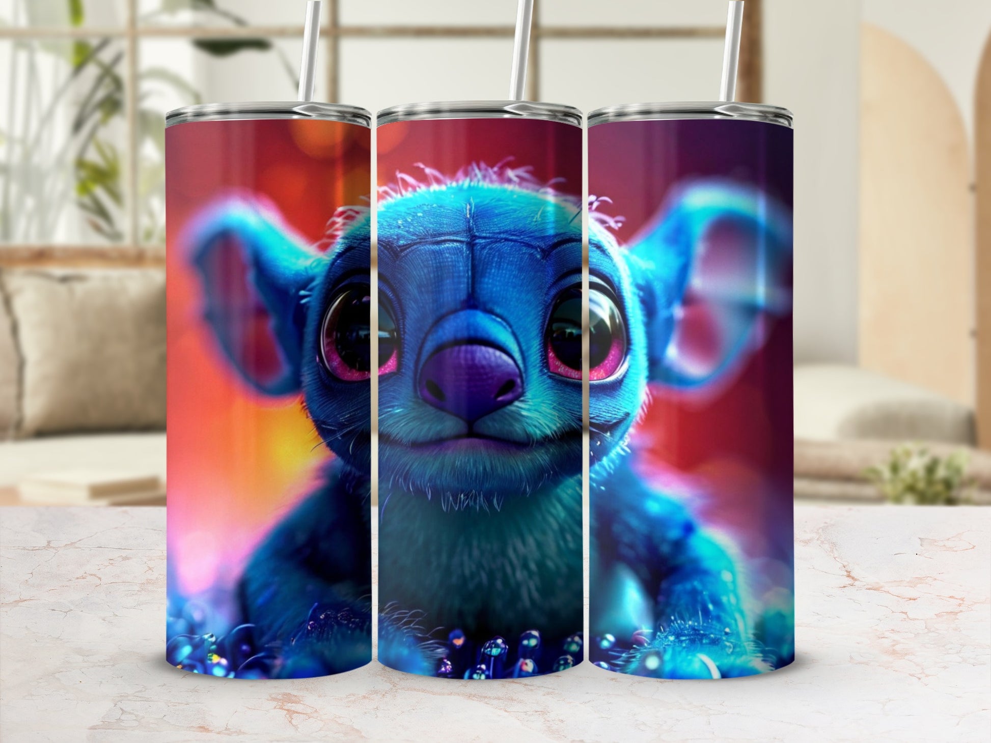 Blue alien character with large eyes on three tumblers.