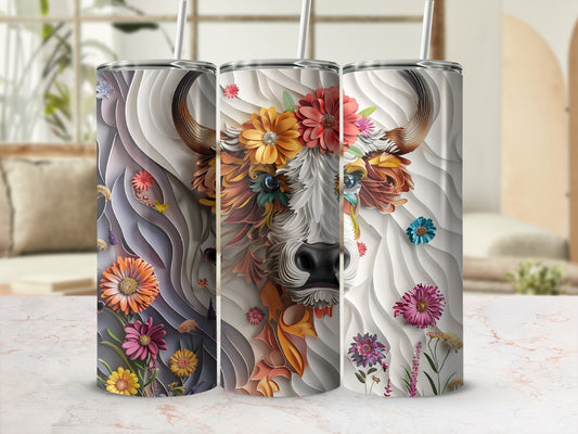 Three tumblers featuring a stylized bull's head adorned with colorful flowers.