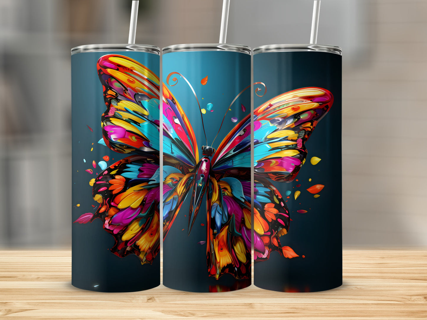 Three tumblers featuring a colorful abstract butterfly design.