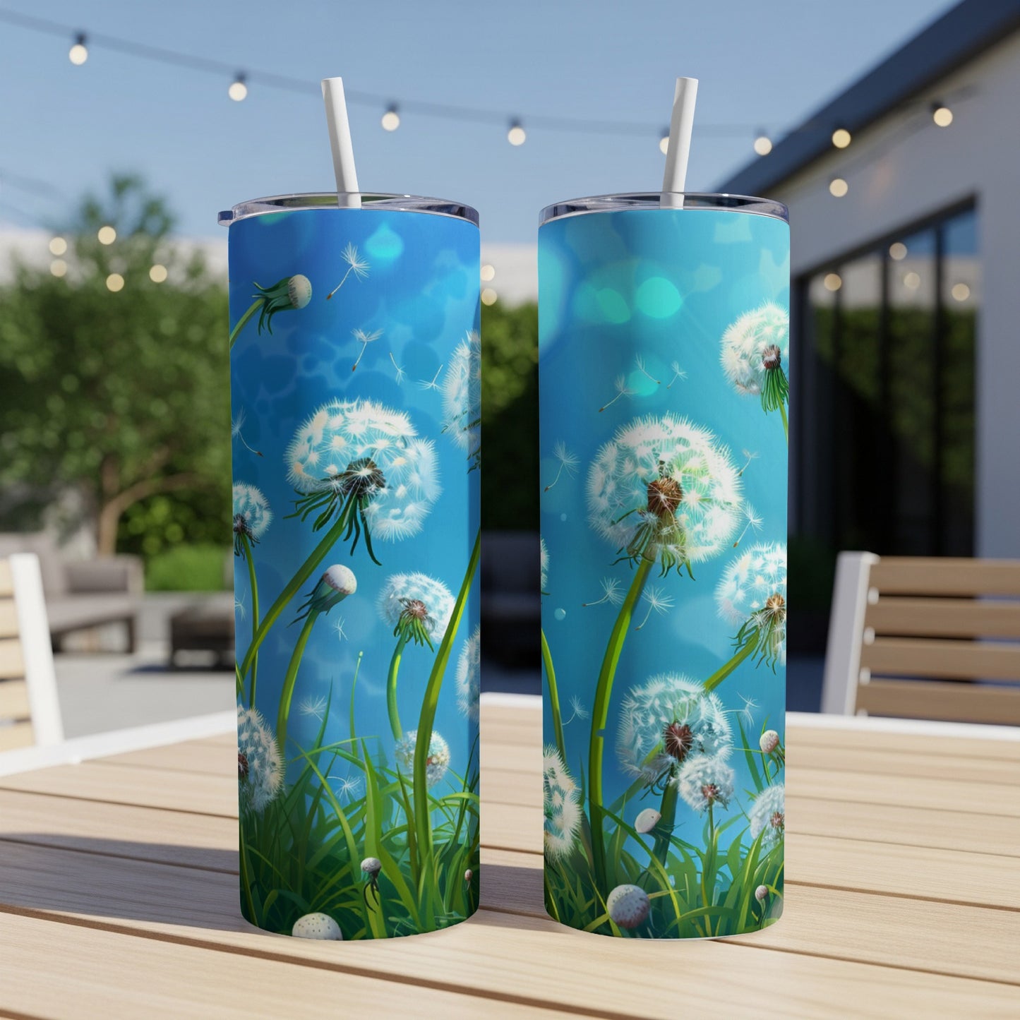 Two tumblers with dandelion seed heads and green grass on a blurred outdoor patio background.