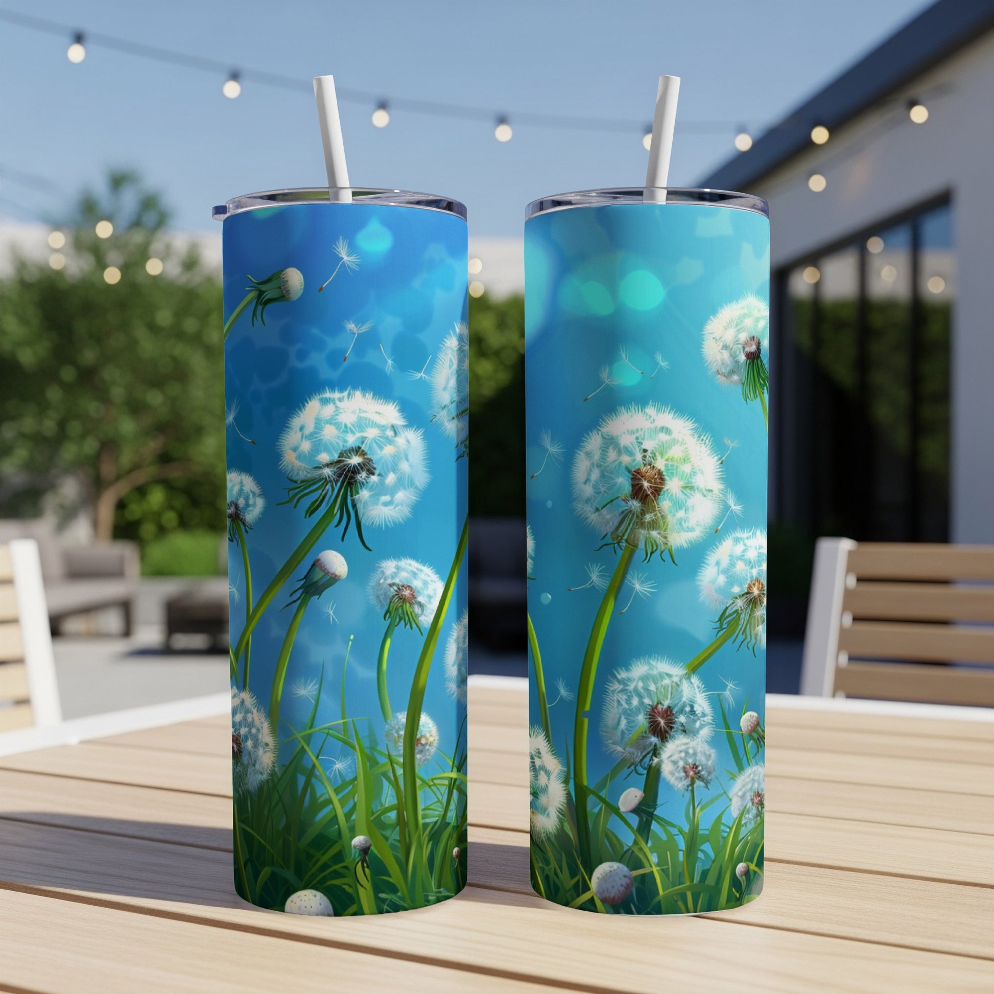 Two tumblers with dandelion seed heads and green grass on a blurred outdoor patio background.