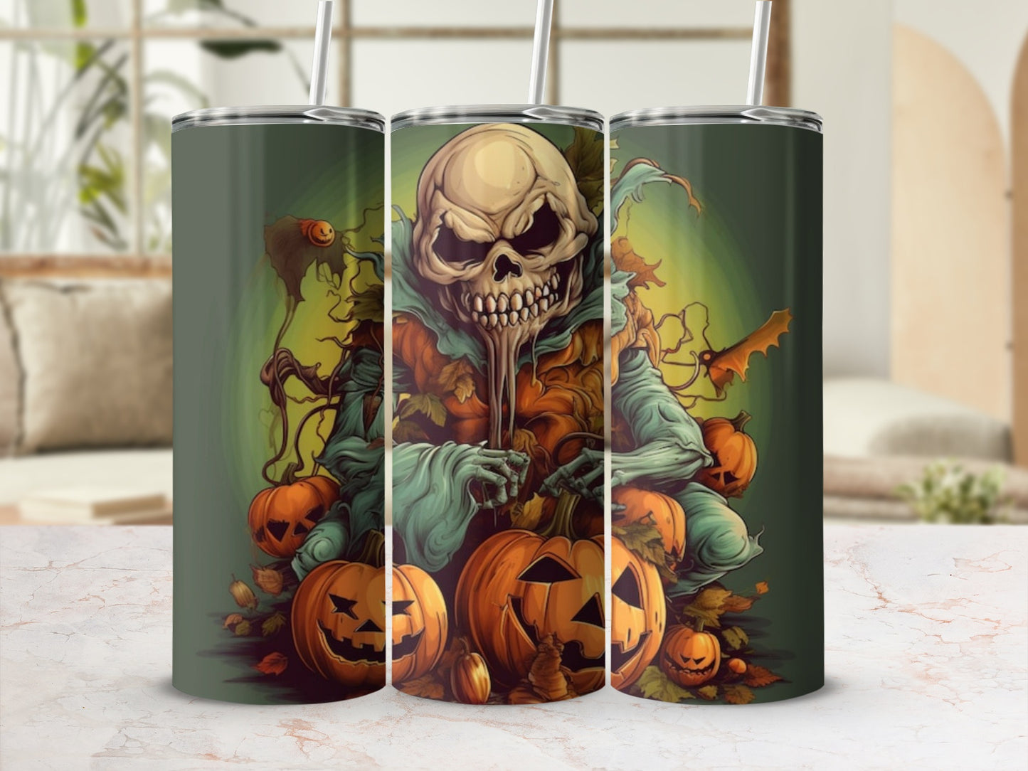 Three tumblers featuring a skull character with pumpkins and fall leaves.