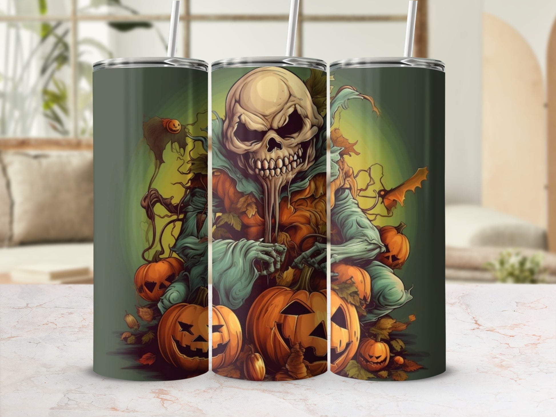 Three tumblers featuring a skull character with pumpkins and fall leaves.