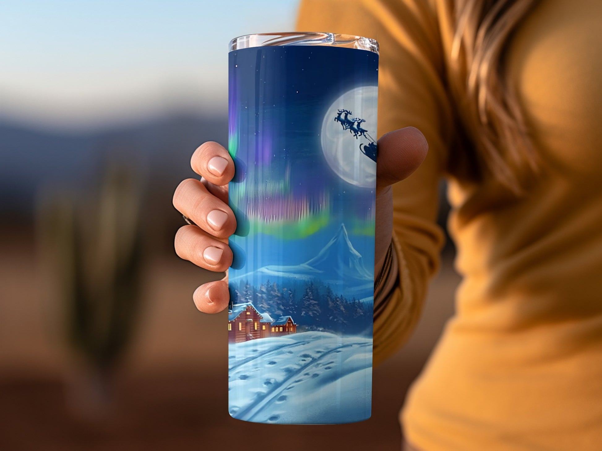 Northern Lights Santa's Sleigh Winter Scene Tumbler