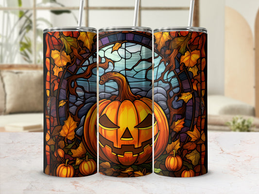 Three Halloween-themed tumblers featuring a jack-o'-lantern and autumn leaves.