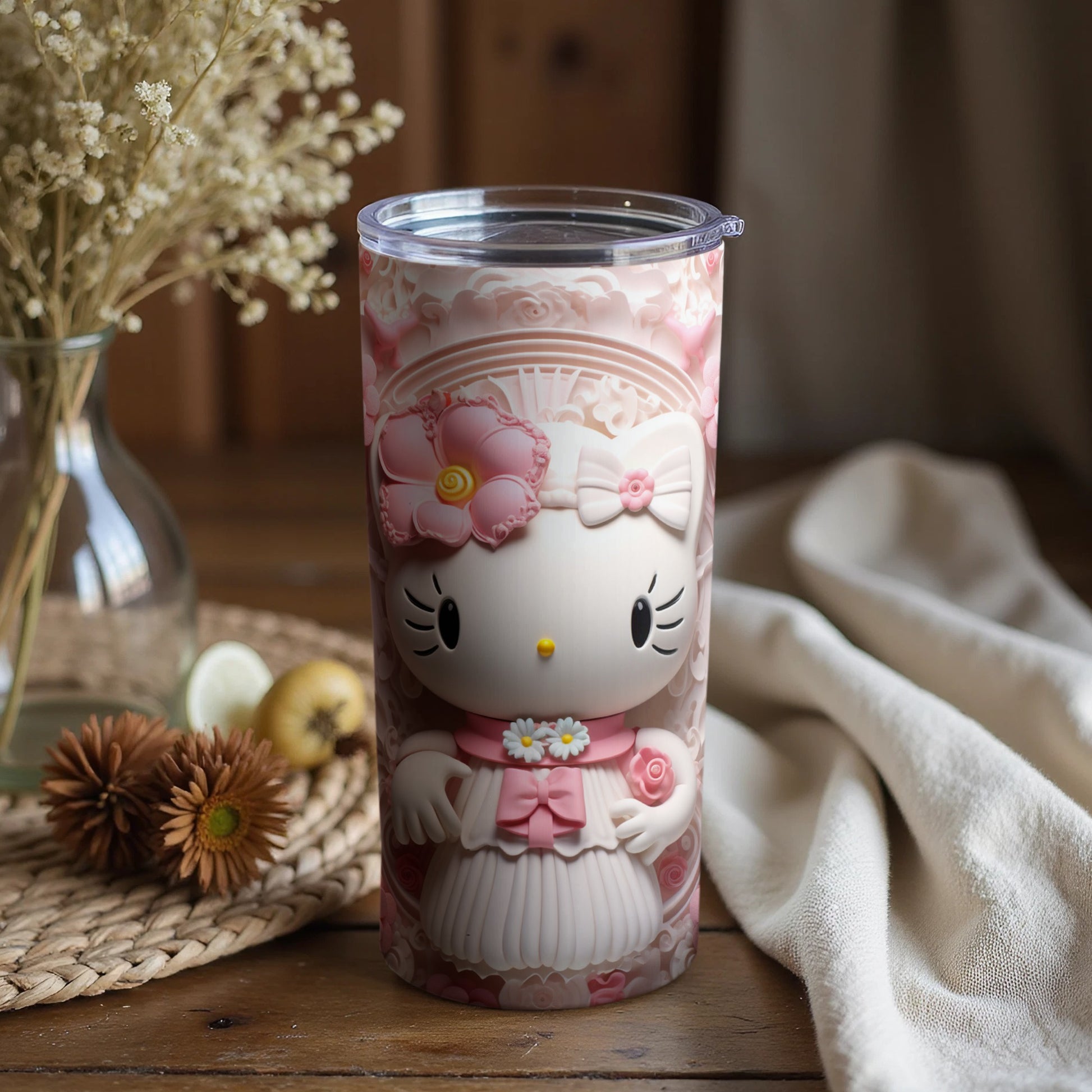 Cute Hello Kitty Design Travel Tumbler with Floral Details