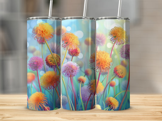 Three tumblers with a vibrant dandelion floral design on a wooden surface.