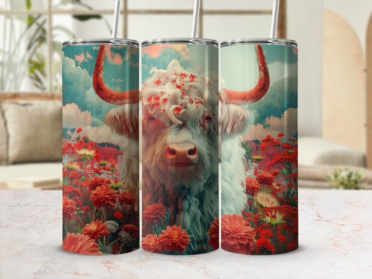 Highland cow with red flowers and cloudy sky, on three tumblers.