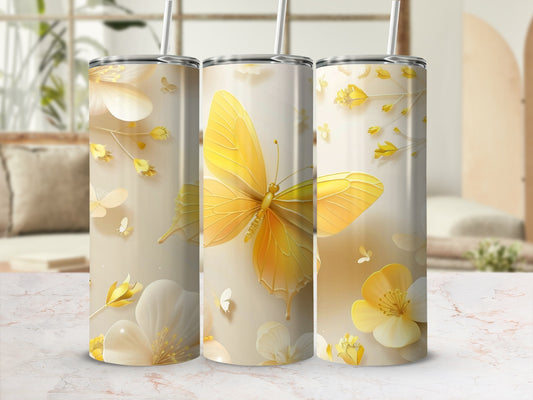 Three tall tumblers featuring a yellow butterfly and floral design.